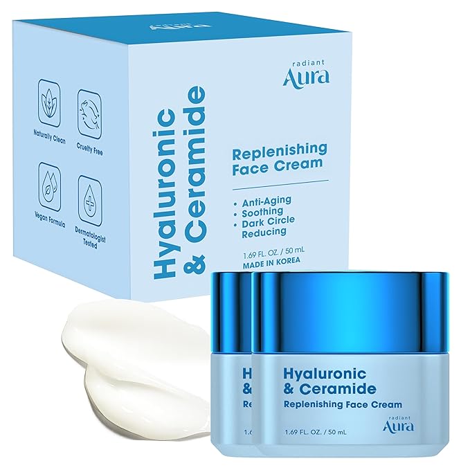 Hyaluronic Acid & Ceramide Face Moisturizer – Dermatologist Tested, Anti Aging, Korean Skin Care – Hydrating Face Cream, Softens Wrinkles, Non Greasy Feel – Vegan, Clean – Pack of 2