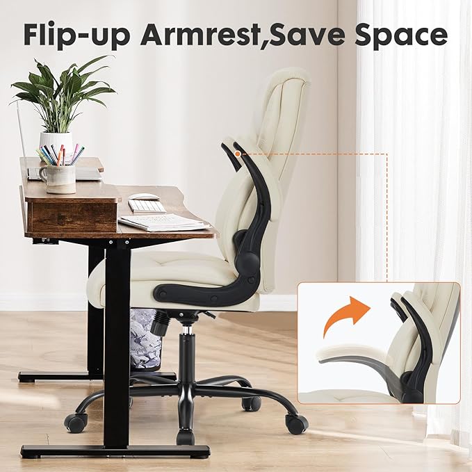 DUMOS PU Leather Office Chair - Ergonomic Executive Computer Desk Chairs with Adjustable Flip-up Armrest, Swivel Task Chair with Lumbar Support, Strong Metal Base, Cream White