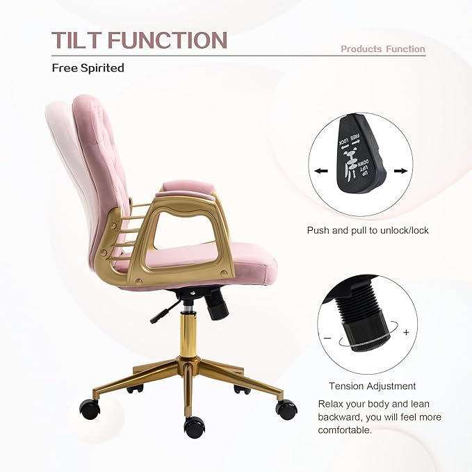 Velvet Home Office Desk Chair Comfy with Gold Legs and Arms, Comfortable Makeup Vanity Chair with Back and Wheels, Button Tufted Armchair Swivel Rolling Study Chair for Girls Women,Pink