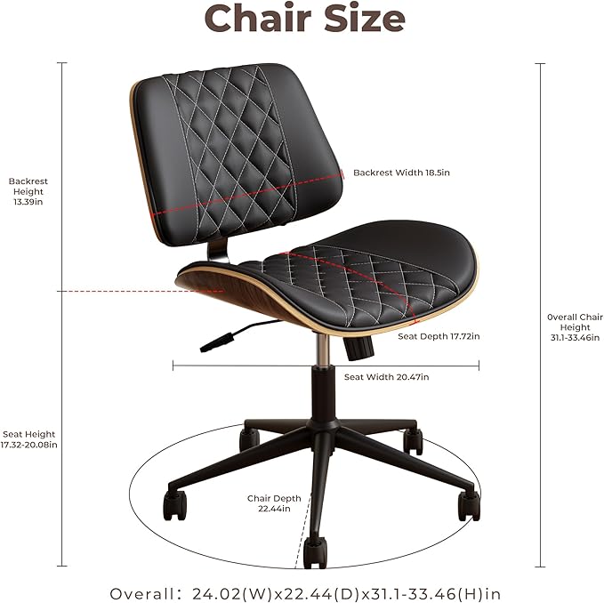 Home Office Chair No Arms with Wheels, Armless Adjustable Height Small Desk Chair, Armless PU Leather Computer Chair Mid Back 360 Swivel, Modern Walnut, Reading Meeting Room (Black)