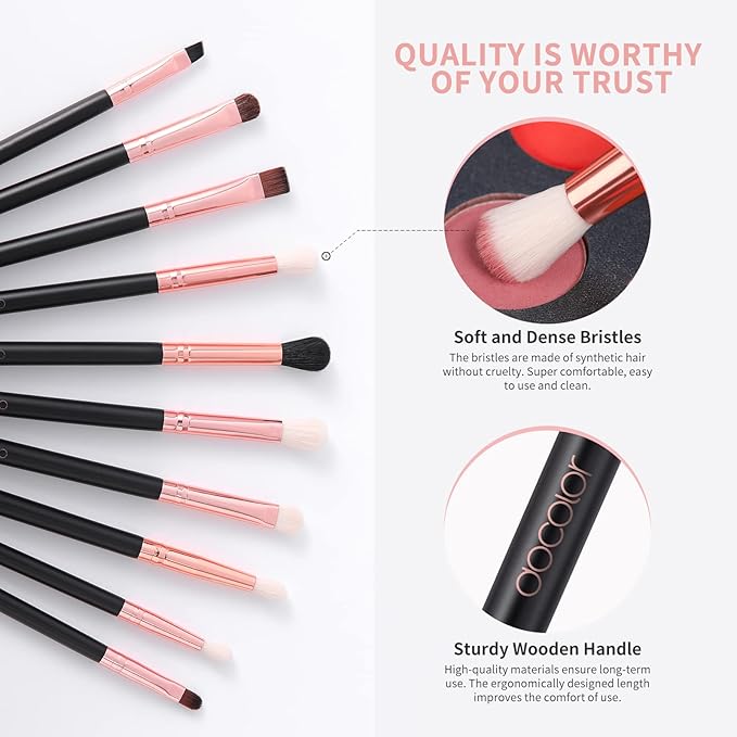 Docolor 10Pcs Eyeshadow Brush Set, Professional Eye Makeup Brushes Kit with Eyeshadow Eyebrow & Eyeliner Brush, Soft Blending Brush for Travel, DIY Eye Art Tool (Black Rose Gold Wooden Handle)
