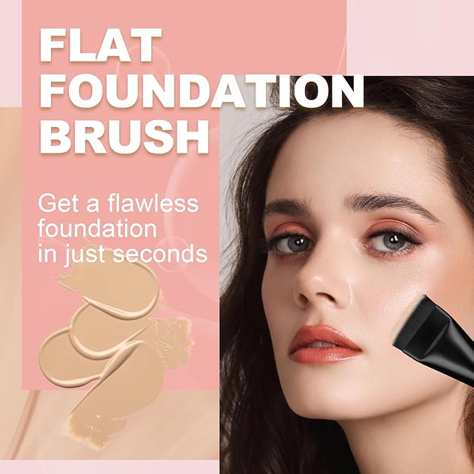 Flat Foundation Brush with Puff, Beautyfactor Ultral Thin Spatula Makeup Brush with Sponge for Liquid Makeup | Fast Flawless Korean Kabuki Brushes for Blending, Liquid, Cream, Blush, Buffing（Black）