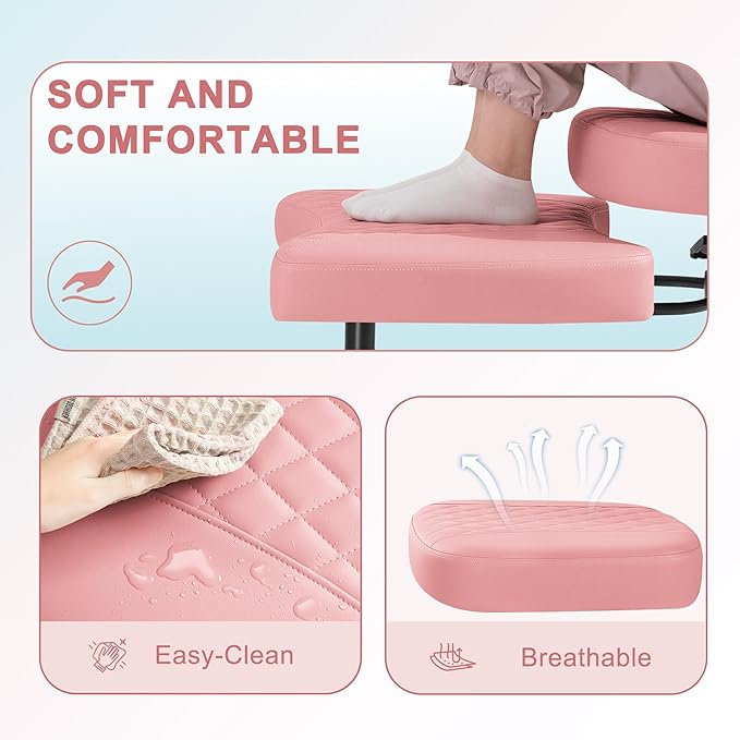 GUNJI Ergonomic Criss Cross Legged Office Chair, 360° Swivel Meditation Kneeling Chair with Wheels, ADHD Chair with Footrest, Lumbar Support, Wider Height Adjustable Seat (Pink, Teddy Fleece)