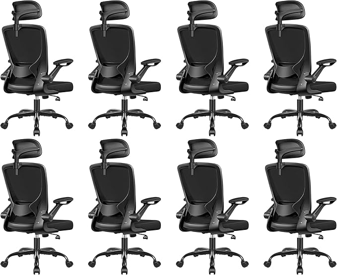 Ergonomic Office Desk Chair Comfy, High Back Mesh Office Desk Chairs with Adjustable Lumbar Support, Headrest, Flip-up Armrests, Home Computer Chair for Gaming, Work, 8 Pack