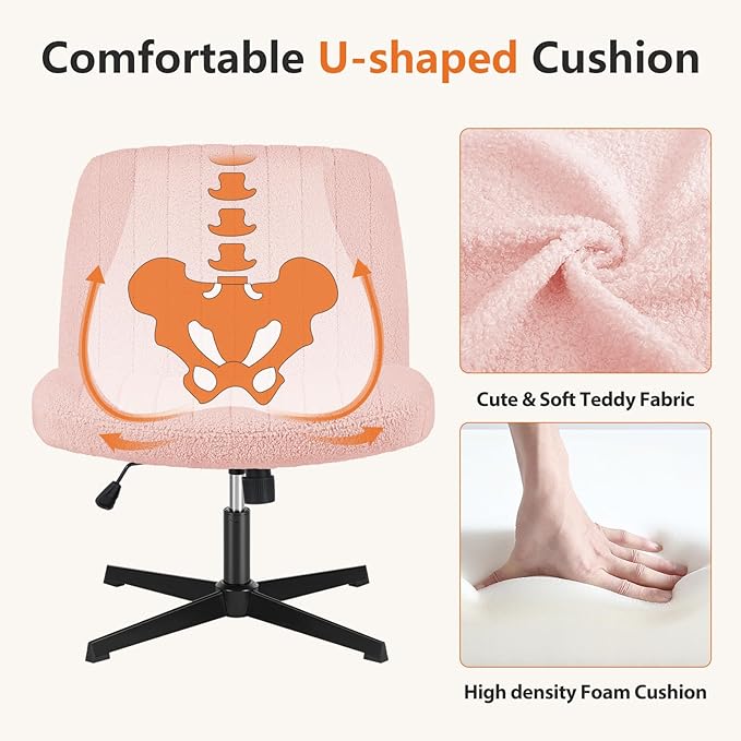 Sweetcrispy Criss Cross Chair Legged, Armless Office Wide Desk Chair No Wheels, Swivel Vanity Height Adjustable Fabric Modern Computer Task Seating for Home - Teddy Pink