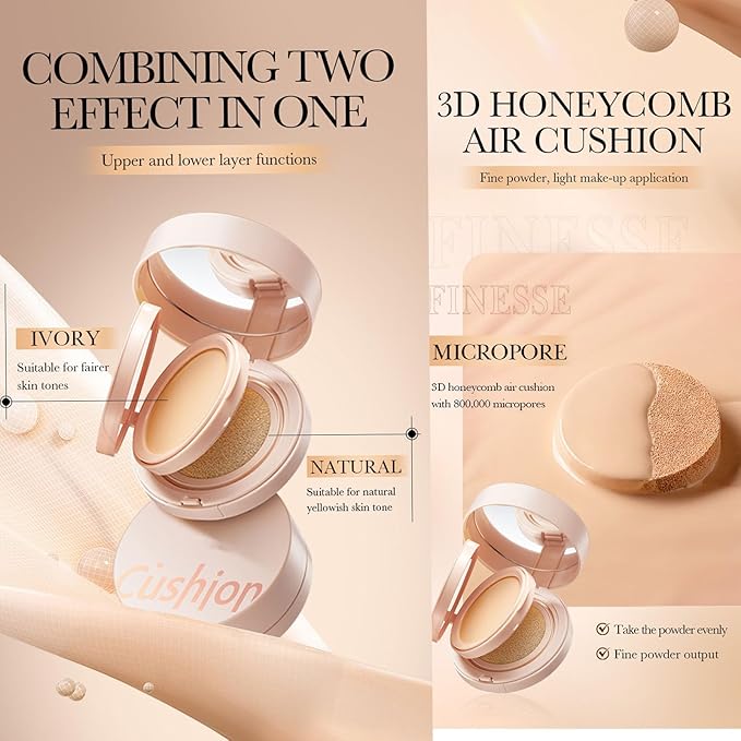 2 In 1 Cushion Foundation Makeup Double Layer Air Cushion BB Cream & Oil-Control Setting Powder, Concealer Full Coverage, Long-Lasting and Even For All Skin Types (Natural)