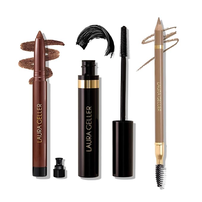 LAURA GELLER Laura’s 3 E’s Eyebrows, Eyelash & Eyeliner Kit for Mature Skin | Blonde | Kajal Longwear Eyeliner, Kajal Longwear Mascara & Bravo Brows Soft Pencil + Brush