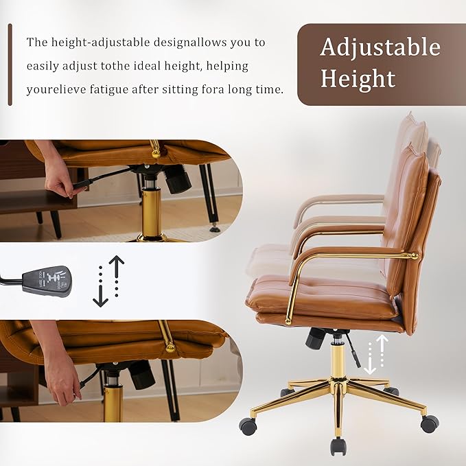 MOJAY Office Chair, Leather Desk Chair, Brown Desk Chair, Mid Century Modern Office Chair, Swivel Comfy Upholstered Wide Seat Chair with Gold Legs and Armrests for Home, Office (Camel&Golden)