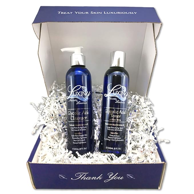 Glycolic Acid Face Wash Exfoliating Cleanser and Facial Toner Set 8oz, 10% AHA BHA Pore Minimizer for Anti Aging and Acne Treatment - Vegan Skin Care Products Made in the USA