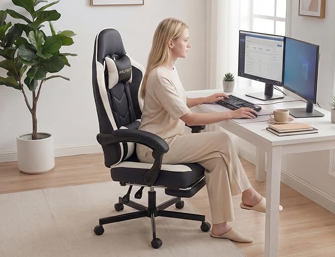 Office Chair Breathable Leather with Pocket Spring Cushion, Wide and High Ergonomic Office Chair with Headrest, Computer Gaming Chair with Footrest for Adult, Black and White