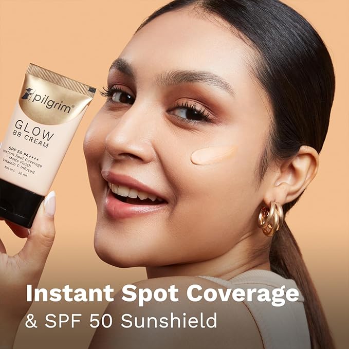 Pilgrim Honey Glow BB Cream SPF 50 PA++++ with Vitamin C | Medium Skin Tone | Lightweight Matte Finish Makeup with Sheer Coverage & Smooth Look | 1.01 Fl Oz (30ml)