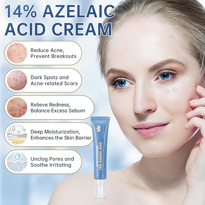 Azelaic Acid 14% Acne Cream for Redness Relief, Dark Spots, Facial Serum with Niacinamide & Vitamin C Prevent Acne Breakouts, Azelaic Acid Serum for Balance Excess Sebum & Soothe Irritation, 2 Oz.