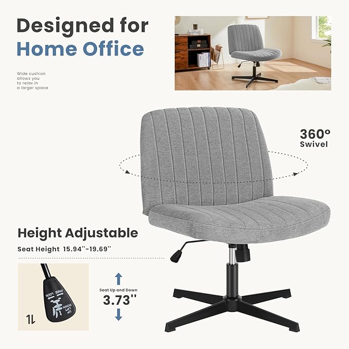 DUMOS Criss Cross Legged Office Chair, Armless Wide Seat No Wheels, Modern Home Desk Seating Swivel Height Adjustable Fabric Vanity for Bedroom