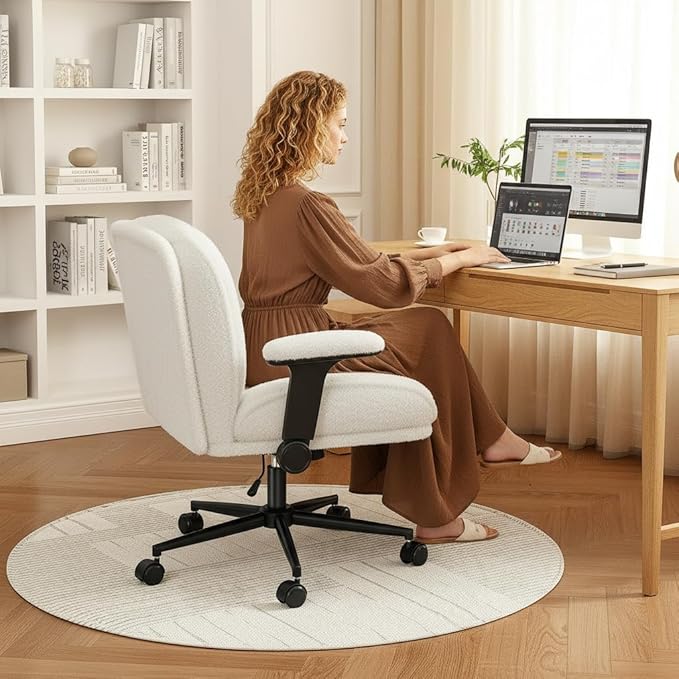 Cross Legged Office Chair with Flip-Up Arms,Oversized Criss Cross Chair with Wheels,Wide & Extra-Deep Seat Thickened for Home Office,Vanity, Bedroom,Apartment Dorms,Plush Cushion,Comfy,White