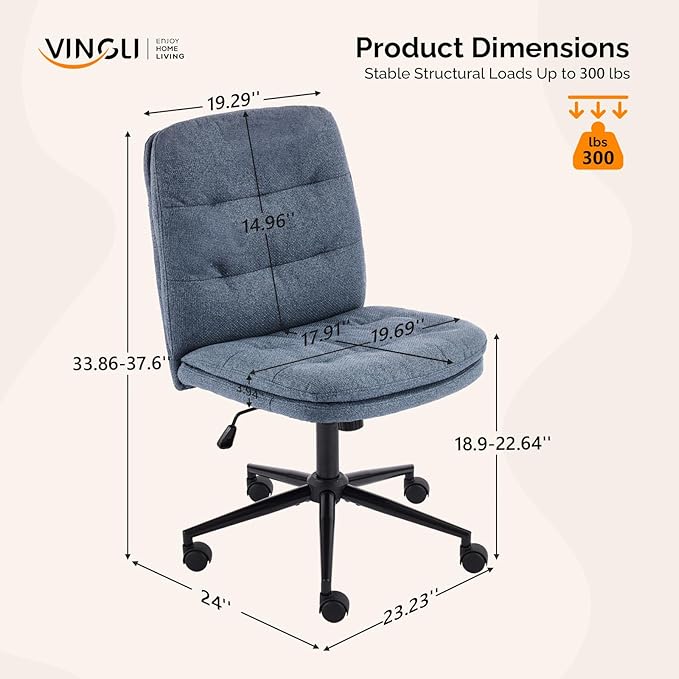 VINGLI Mid Back Armless Office Desk Chair with Wheels/no Wheels,360°Rocking Swivel Vanity Chair with Thickened Cushion,Adjustable Height Rolling for Reading Room, Make up, Linen Navy Blue