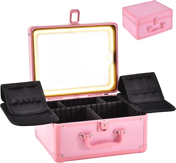 Makeup Case with Lighted Mirror, Makeup Box Organizer with Detachable LED Mirror, Travel Makeup Train Case, Waterproof Cosmetic Organizer, Standing Brush Holder, Gift, Pink