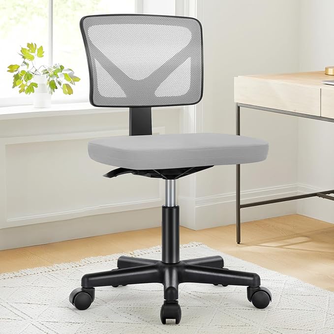 NEWBULIG Home Office Desk Chair, Armless Ergonomic Swivel Computer Chair with Wheels, Adjustable Height and Low-Back Mesh Design, Rolling Chair with Lumbar Support and Comfortable Seat, Grey
