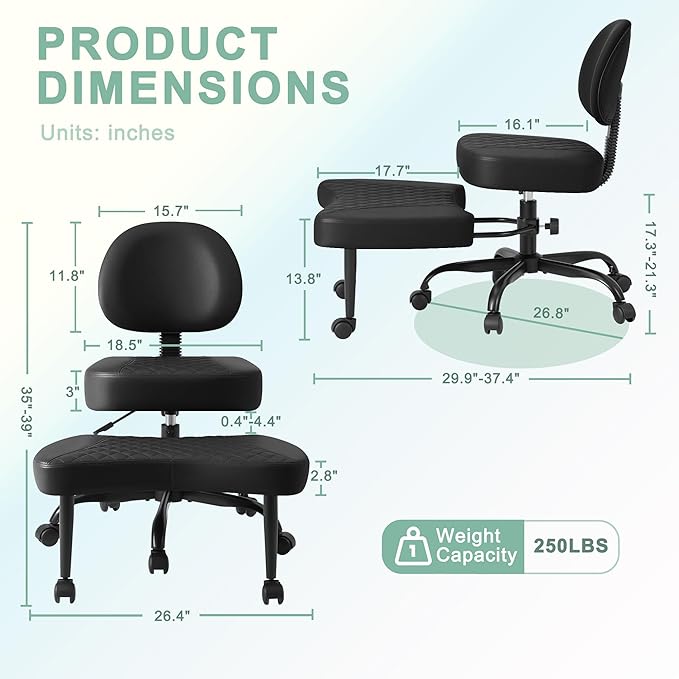 GUNJI Ergonomic Criss Cross Legged Office Chair, 360° Swivel Meditation Kneeling Chair with Wheels, ADHD Chair with Footrest, Lumbar Support, Wider Height Adjustable Seat (Black, Faux Leather)
