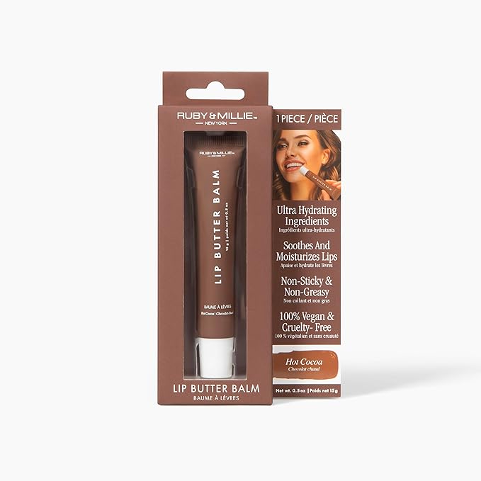 Ruby & Millie Tinted Lip Balm Hot Cocoa - Hydrating Moisturizing Lip Butter Balm Treatment - Glossy Vegan Lipbalm 0.5 Oz