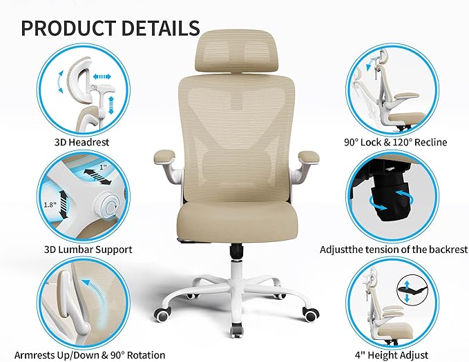 Ergonomic Office Chair - Mesh Desk Chair with Adjustable Lumbar Support High Back Computer Gaming Chairs - Big and Tall Office Chairs Adults, Comfortable for Long Hours, Beige