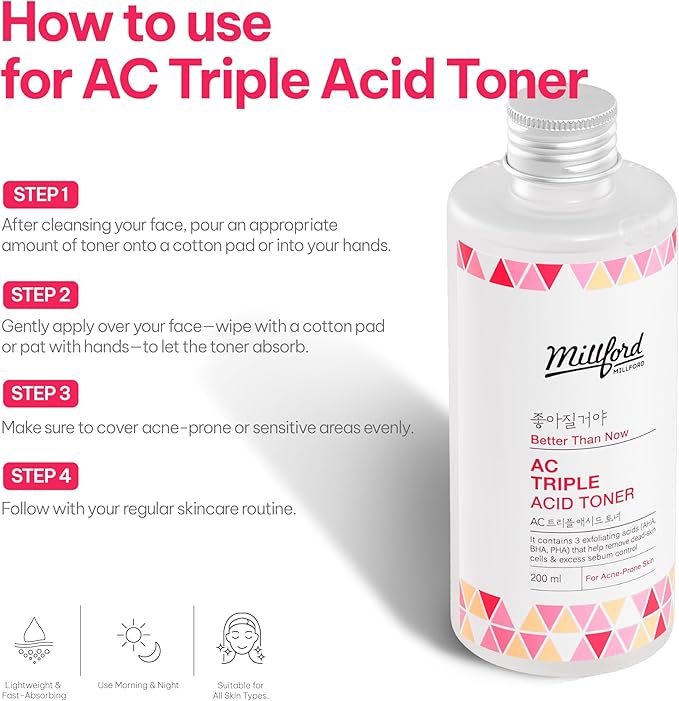 AC Triple Acid Toner 6.76 Oz, 200ml, AHA/BHA/PHA Exfoliating Daily Face Toner, Salicylic Acid, Oily Skin