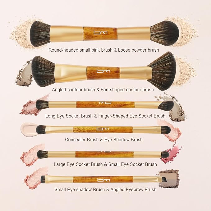 6Pcs Duo End Makeup Brushes, Double-ended Multi-functional Synthetic Cosmetic Tools Makeup Brushes(Brown)