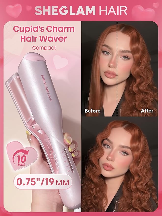 SHEGLAM Pink Beach Wave Hair Waver 0.75 inch - Lightweight Dual Voltage Crimper for Women, Smart Timer Double Barrel Tool with Adjustable Temps & Anti-Scald for Mermaid Waves on Short Hair