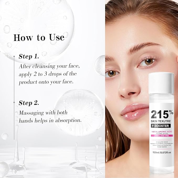 Skin Texture Booster Essence 5.07 fl oz, Hydrating Facial Toner Serum with Hyaluronic Acid, Retinol & Collagen, Lightweight Moisture Booster for Smooth Firm Supple Skin, Korean Skincare