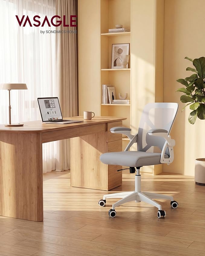 VASAGLE Ergonomic Mesh Office Chair with Adjustable Lumbar Support, 90-105° Tilt Function, Wide Seat, Flip‑Up Armrests, Computer Desk Chair for Home Office, Dove Gray UOBN045GD01S