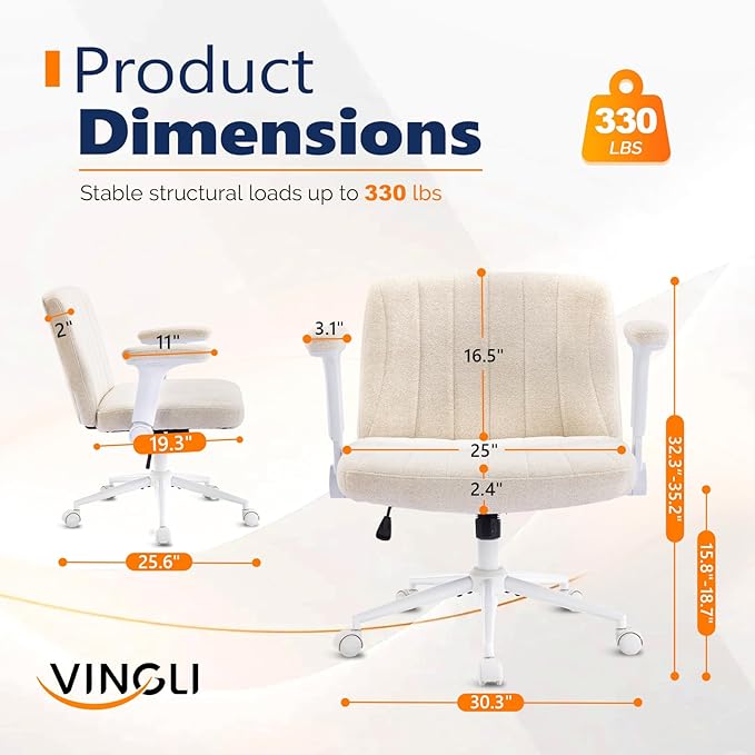 VINGLI Criss Cross Chair with Adjustable Flip-Up Arms,Cross Legged Chair with Wheels, Extra Wide Office Chair,Cozy Desk Chair for Home Office, Vanity, Apartment,Chenille Velvet,Beige