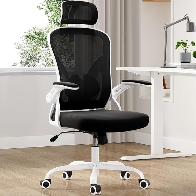 Farini Ergonomic Office Chair, Home Office Desk Chair with Headrest, High Back Swivel Computer Chair with Armrests and Adjustable Lumbar Support for Home Office Study Room, White & Black