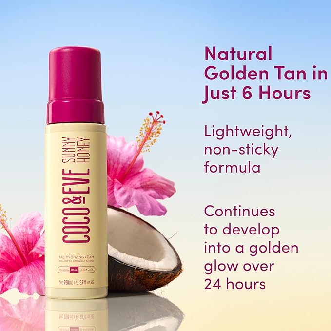 Coco & Eve Sunny Honey Bali Bronzing Self Tanner Mousse - (Medium) All Natural Sunless Tanning Mousse | Instant Self Tanning with Bronzer and Skin Moisturizer (6.7 fl oz)