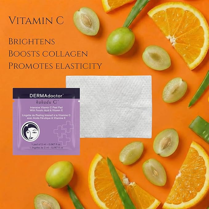DERMAdoctor Exfoliating Toner Pads - Illuminating Chemical Peel for Face - Vitamin C Glycolic, Lactic Acid - AHA & BHA Liquid Exfoliant Pore Pads for Wrinkles Uneven Skin Tone Enlarged Pores -30 Pack