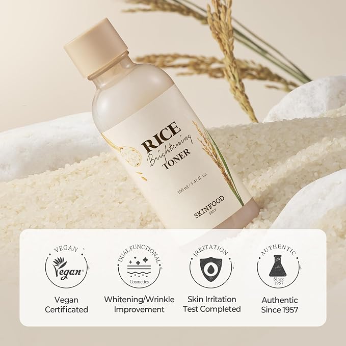 SKINFOOD Rice Brightening Toner, Korean Skincare Toner for Face with 48 Hours Fermented Rice Water for Healthy Glow Glass Skin, Pore Minimizing, Hydrating, Vegan, 160ml/5.4fl.oz.