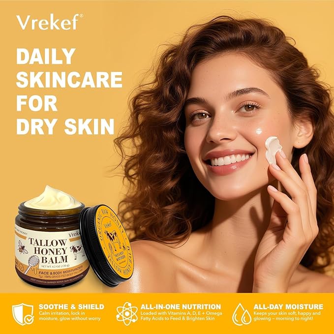 Beef Tallow for Skin (4.2 oz)– Tallow and Honey Balm for Face & Body – Grass-Fed Tallow with Beeswax, Sea Buckthorn Oil, Shea Butter, Vitamin E – Natural Moisturizer