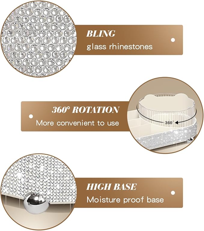 Yivaiks 360° Rotate Bling Makeup Organizer for Vanity Cosmetic Countertop Rhinestones Makeup Brush Holder Skincare Organizers Desk Storage Accessories