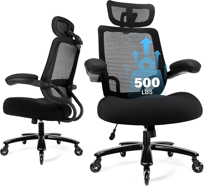 500lbs Big and Tall Office Chair - Heavy Duty Mesh Ergonomic Desk Chair with Headrest, High Back Computer Chair - Flip-up Armrests, Wide Thick Seat Cushion, Quiet Wheels, Black