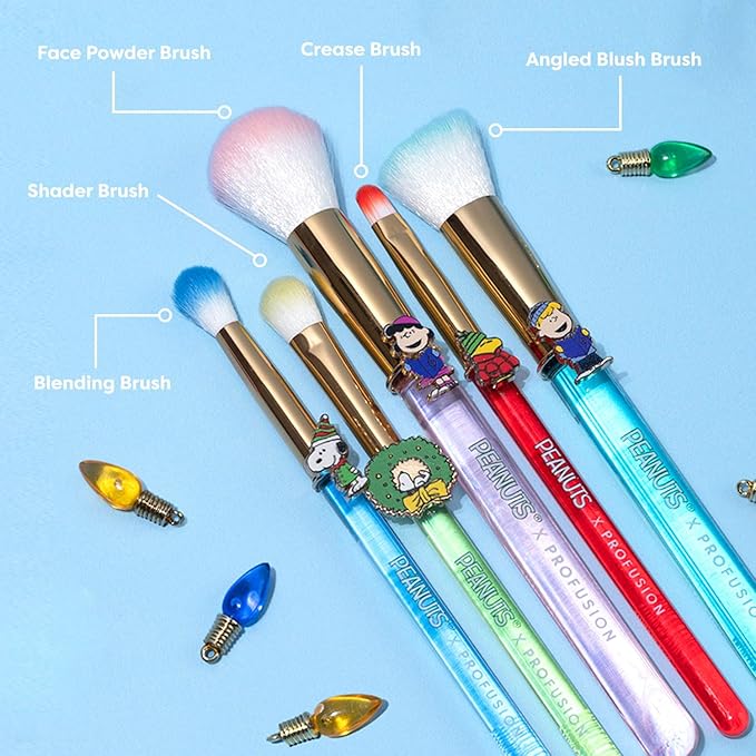 Profusion Cosmetics Peanuts Merry And Bright Brush Set with Case, Fluffy Makeup Brushes for Blending, Shading, and Blush, Achieve Holiday Beauty