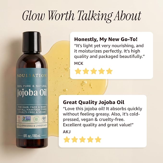Pure Jojoba Oil for Skin, Hair, Face & Body – 100% Natural, Cold Pressed, Unrefined | Non-GMO, EWG Verified, Cruelty-Free, Vegan Moisturizing Oil for Dry Skin, Scalp & Beard 6oz