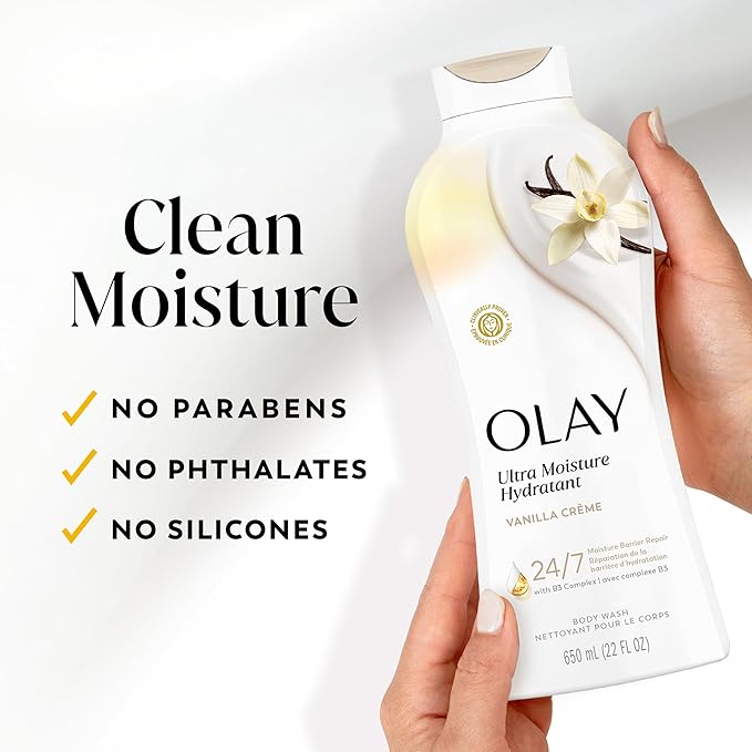 Olay Body Wash for Women, Ultra Moisture, 24/7 Moisture Barrier Repair, Hydrating Formula for Visibly Healthy Soft Skin, Vitamin B3 & Hyaluronic Blend, All Skin Types, Vanilla Creme Scent, 22 fl oz