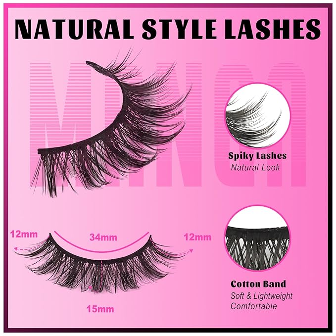 Veleasha Lashes Kit Natural Eyelashes Manga Spiky False Eyelashes Crisscross Wispy Fake Lashes Soft wirh Glue & Tweezers with Cotton Band 8 Pairs Pack (Natural Kit)