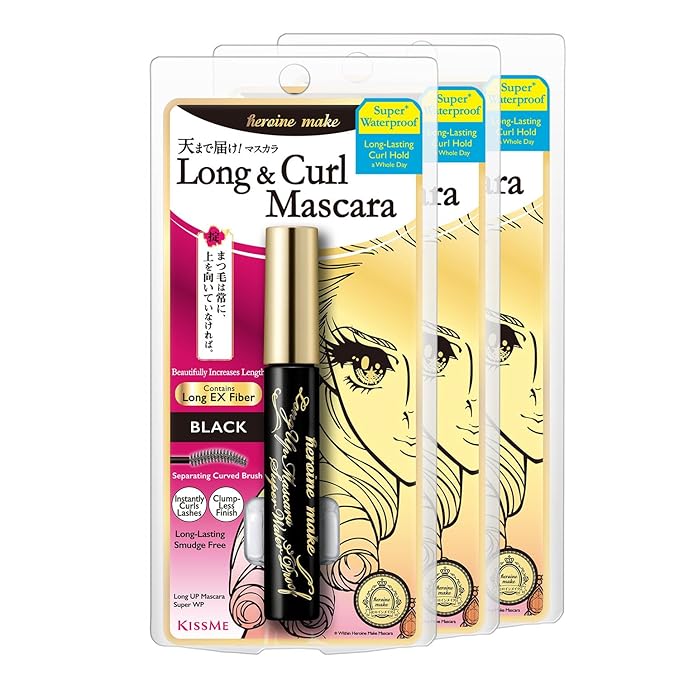 HEROINE MAKE by KISSME Smudge Proof Mascara Black, Volume and Length by Defining Fiber for Long and Curl Eye Makeup for Women, Tubing Mascara Made in Japan, Black, 3 EA