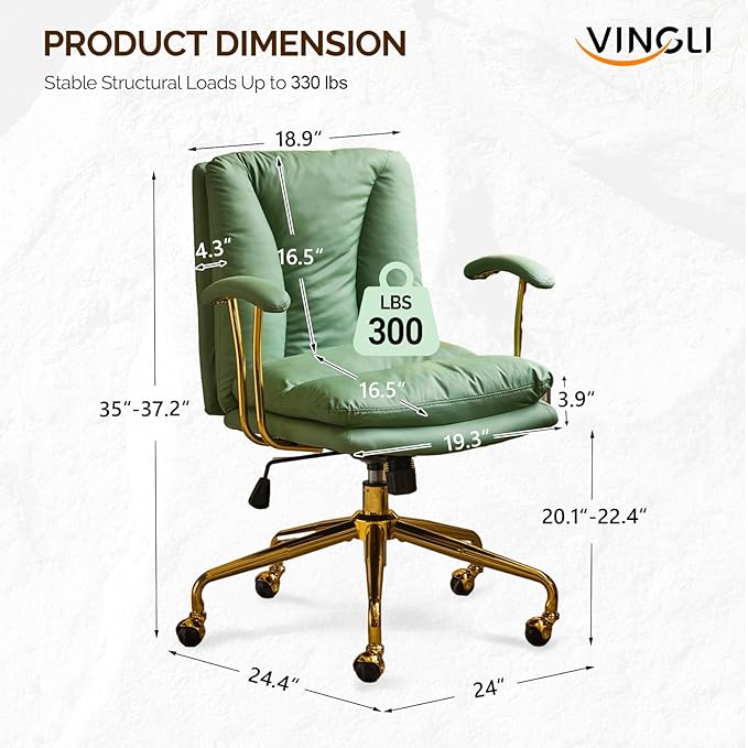 VINGLI Home Office Desk Chair Comfy with Wheels & Removable Armrests,Gold Base Vanity Chair with Back,Adjustable Rolling Swivel Computer Task Chair for Study,Makeup,Office,Cat Scratch PU,Green