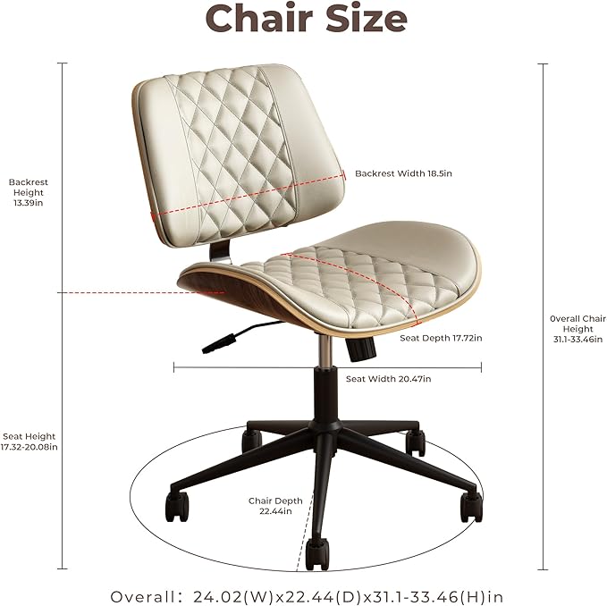 Home Office Chair No Arms with Wheels, Armless Adjustable Height Small Desk Chair, Armless PU Leather Computer Chair Mid Back 360 Swivel, Modern Walnut, Reading Meeting Room (White)