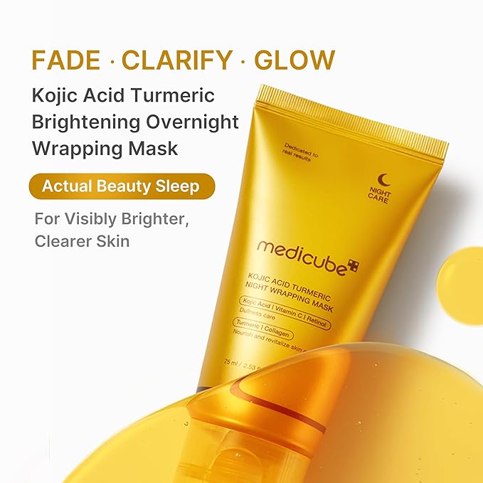medicube All-Day Care for Deep Hydration & Skin Revival: Turmeric Overnight Wrapping Peel Off Mask 2.0 and Kojic Acid Turmeric Brightening Gold Jelly Gel Mask (4ea) and Jelly Brush