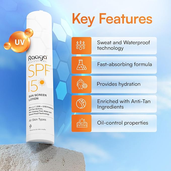 Raaga Professional Sunscreen Lotion SPF 15 | Broad Spectrum UVA & UVB Protection | Lightweight, Non-Greasy & Water-Resistant | Keeps Skin Hydrated | For All Skin Types | 1.86 Fl Oz/55ml