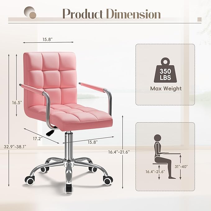 Furmax Vanity Office Chair with Wheels,Makeup PU Leather Executive Chair Modern Adjustable Home Desk Retro Comfortable Work Chair 360 Degree Swivel with Arms (Pink)
