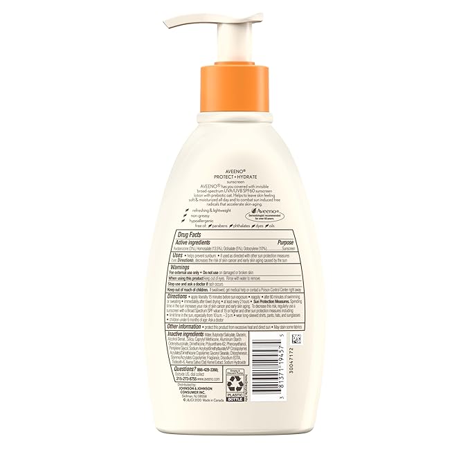 Aveeno Protect + Hydrate Sunscreen Moisturizing Lotion with Prebiotic Oat,Broad Spectrum SPF60,Paraben,& Oil Free,Weightless,Water & Sweat Resistant (80-min) for Sensitive Skin,12 Fl Oz,(Pack of 2)