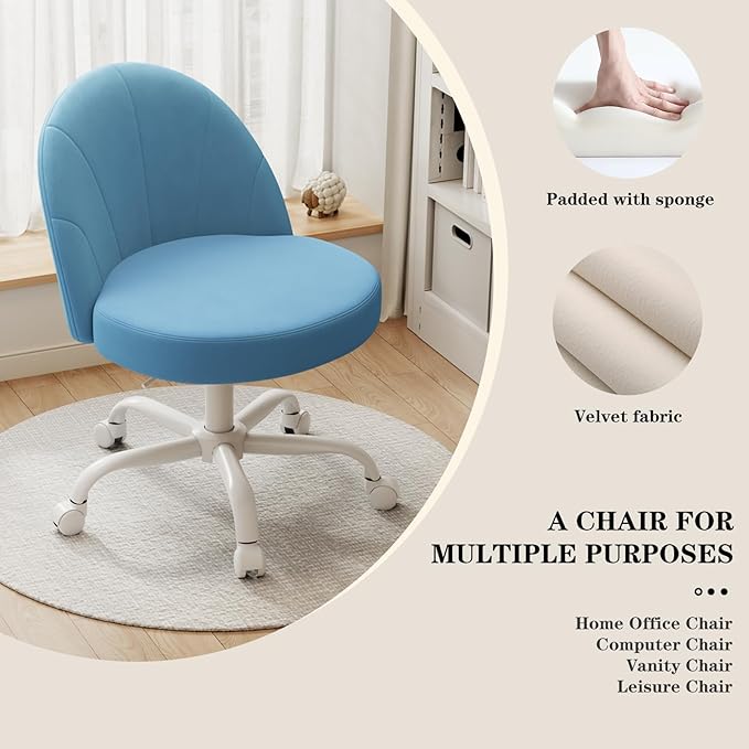 Velvet Vanity Chair with Wheels, Height Adjustable Swivel Makeup Chair, Armless Small Desk Chair for Bedroom/Office/Vanity Table, 250 lbs Capacity (Velvet, Blue)