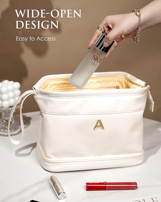 Bridesmaid Gift, Initial Makeup Bags, Personalized Double Layer Cosmetic Bag with Makeup Brush Organizer, Waterproof, Large Capacity PU Leather Travel Toiletry Bag